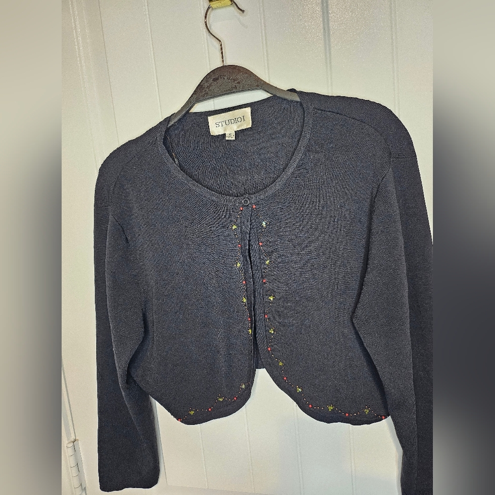 Vintage Studio I Black Beaded Bolero Cardigan Small - 90s Shrug Evening